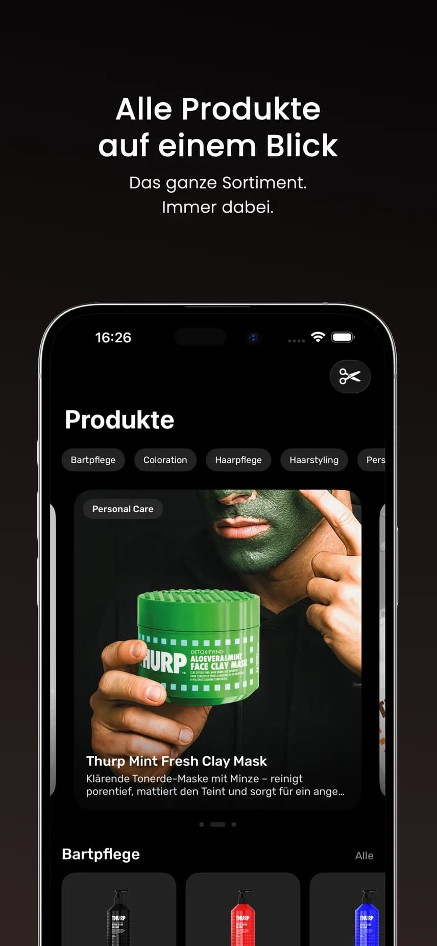 Produktübersicht der Thurp App mit Kategorie-Filtern