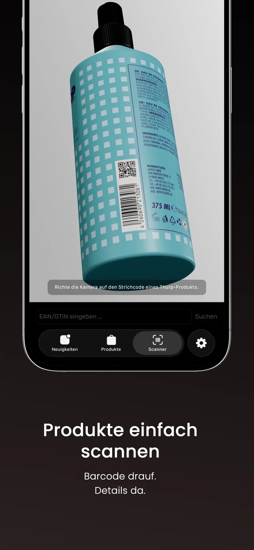 Barcode-Scanner der Thurp App erfasst den Strichcode einer Flasche