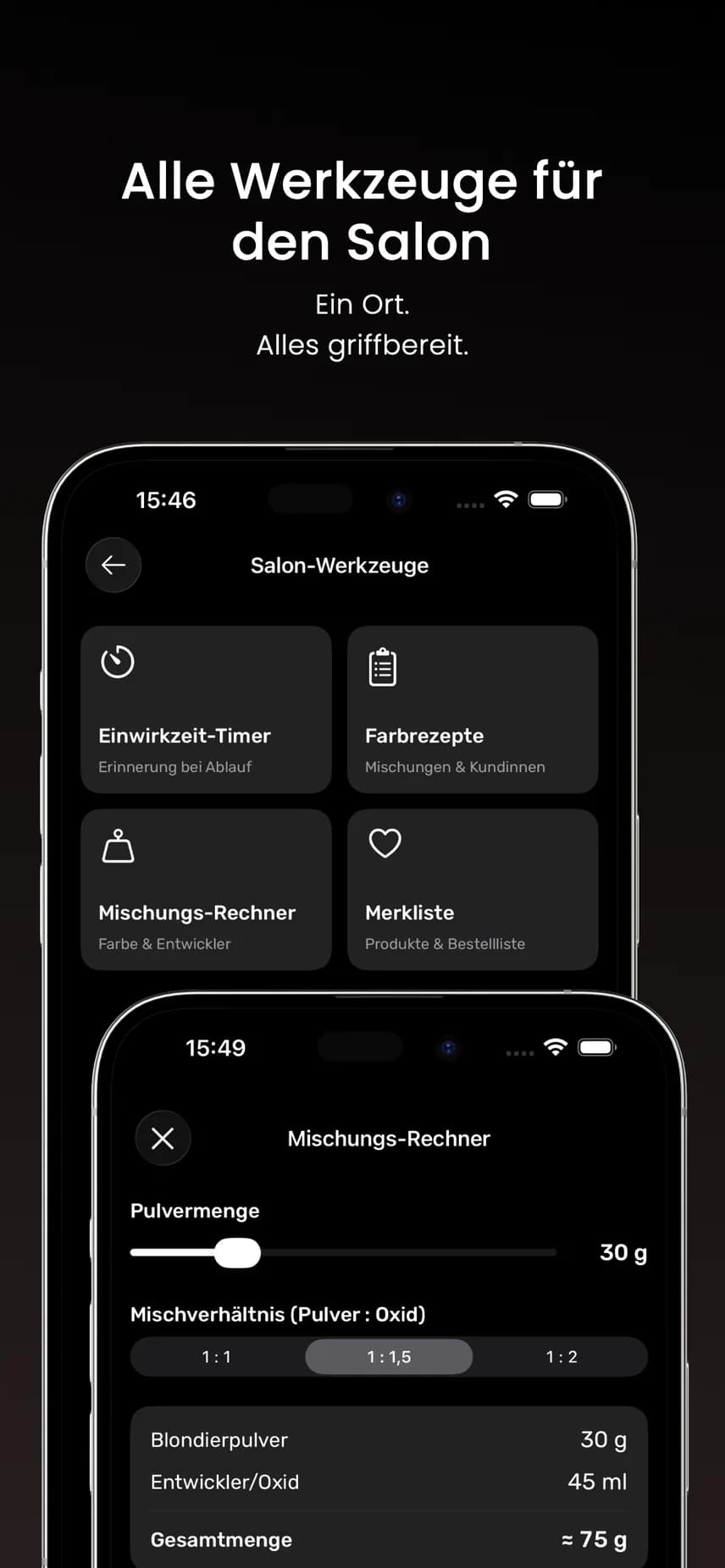 Salon-Werkzeuge der Thurp App mit Einwirkzeit-Timer und Mischungs-Rechner